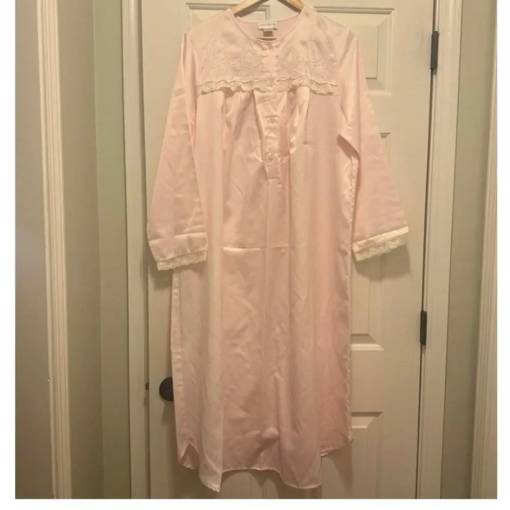 Shadowline Nightgown Women Large Pink Satin Lace Embroidery Long Sleeve Vintage